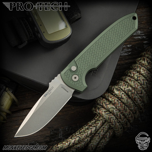 Pro-Tech Knives: Rockeye (Les George Design) - Stonewashed/Green Carbide