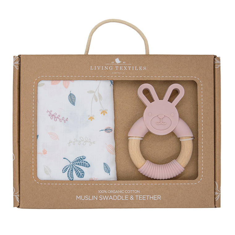 Living Textiles Organic Muslin Swaddle & Teether Gift Set - Botanical/Blush