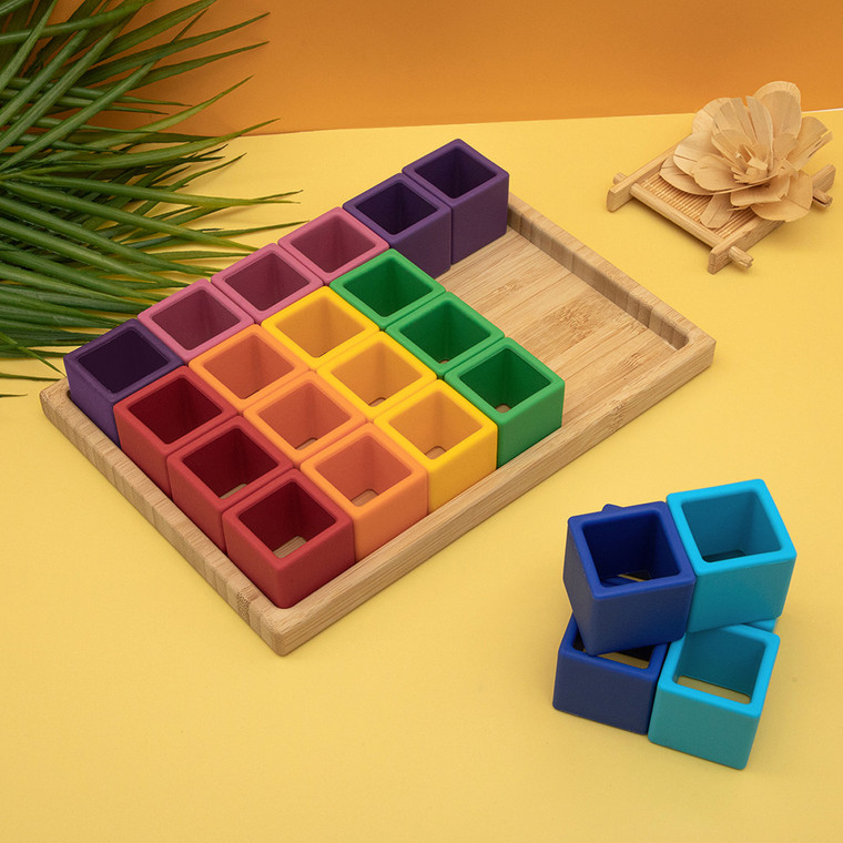 Silicone Stacking Blocks with Wooden Tray Urban Pad Baby