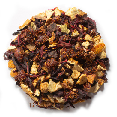 Cranberry Orange Rooibos blend of rooibos tea, hibiscus flowers, peeled orange and diced cranberries