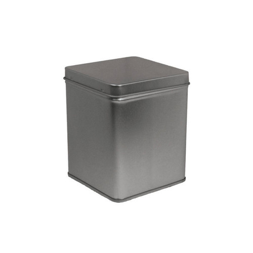 Silver 4 oz Square Retail Canister: With Hinged Lid - 90 pcs Per Case