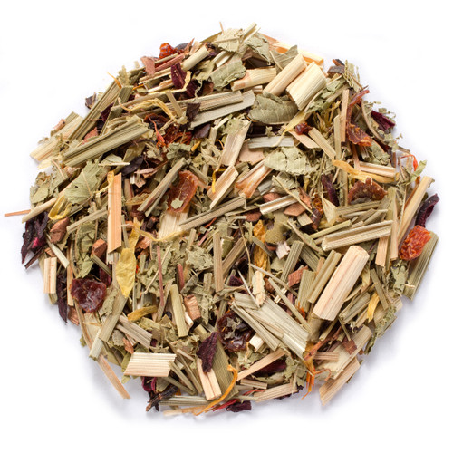 Pure organic African summer tea with fragrant spices of hibiscus rose hips lemongrass and eucalyptus leaves