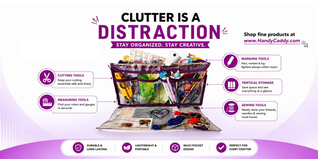 HandyCaddy craft organizer with multiple transparent storage pockets for sewing, quilting, knitting, scrapbooking, and DIY supplies. Portable purple organizer displaying scissors, rulers, pens, markers, threads, and craft tools with labeled storage compar
