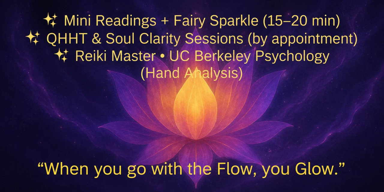 Mini Readings, Fairy Sparkle, QHHT, Soul Clarity Sessions, Reiki Master, and Hand Analysis services displayed on a mystical purple lotus background. Spiritual wellness banner promoting intuitive healing, energy healing, and personal transformation with th