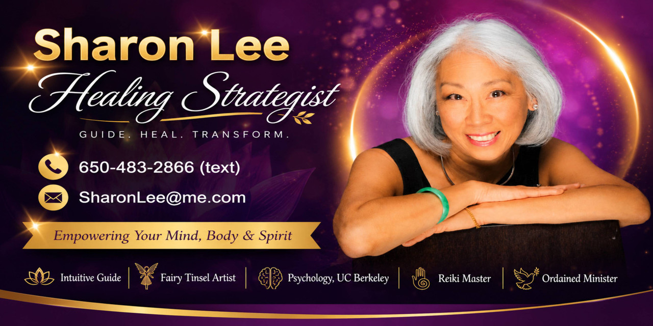 Sharon Lee Healing Strategist promotional banner featuring intuitive guidance, Reiki Master services, psychology background from UC Berkeley, fairy tinsel artistry, and spiritual healing. Professional portrait with contact information, empowering message,