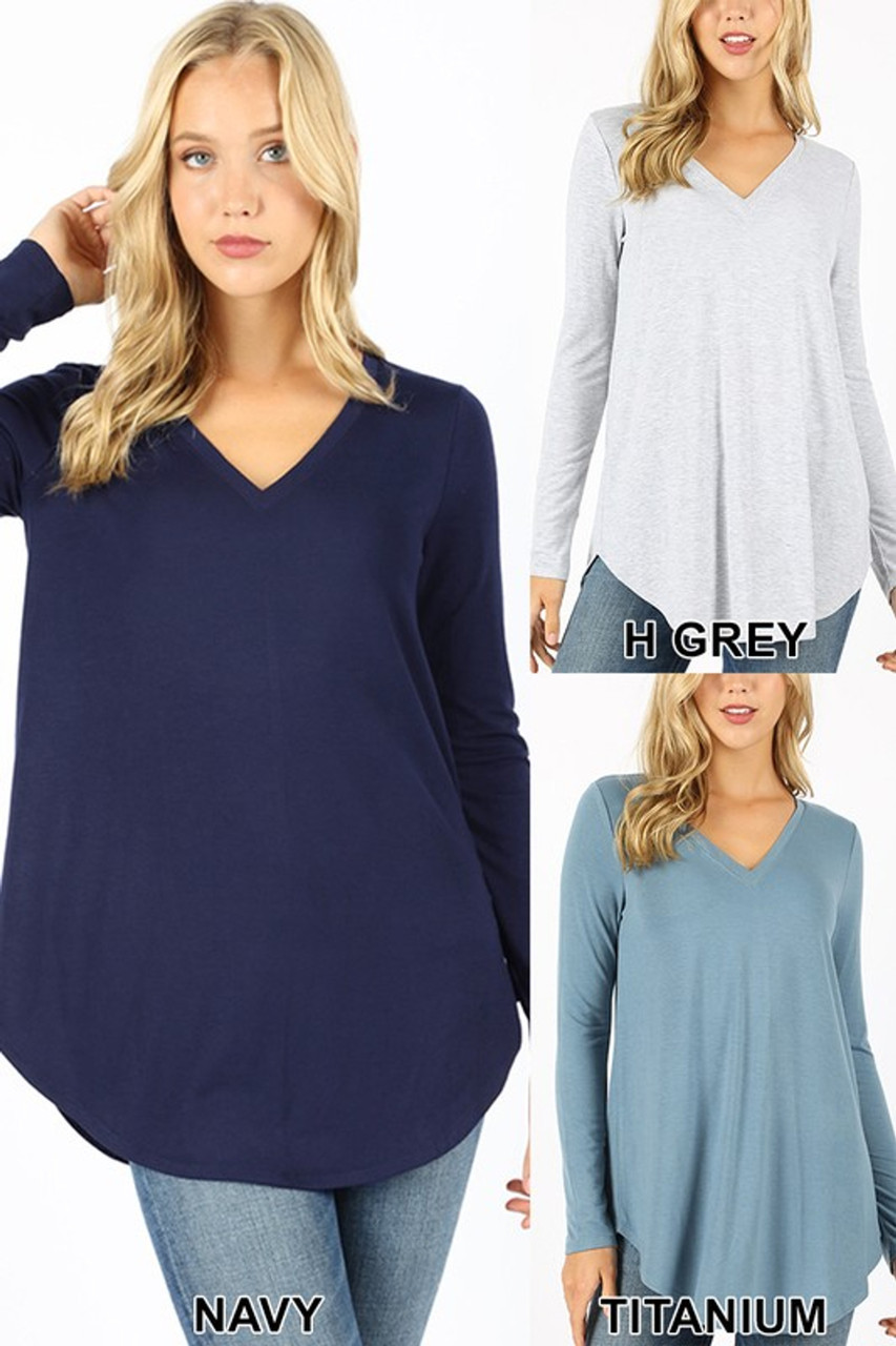 Premium Long Sleeve V-Neck Round Hem Top