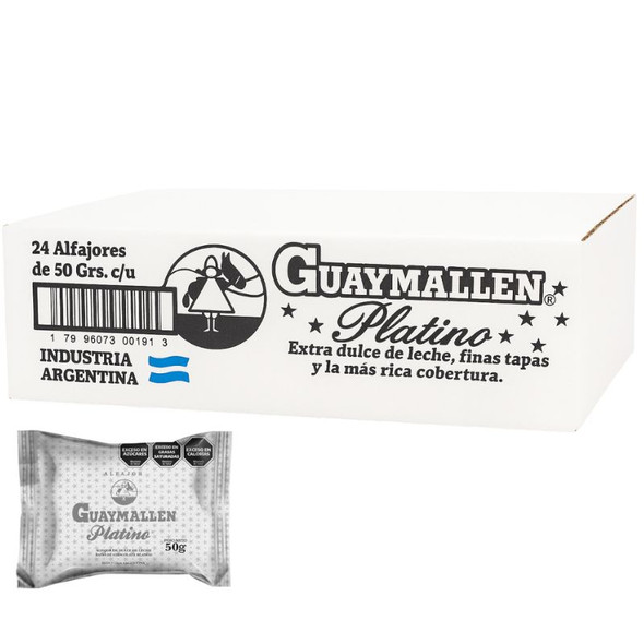 Guaymallén Platino Alfajor with Dulce de Leche, White Chocolate Coated, 50 g / 1.76 oz (24 count per box)