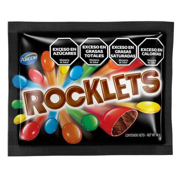 Arcor Rocklets Candy Coated Chocolate, 720 g / 25.39 oz ea  (box of 12 displays x 18 units ea)