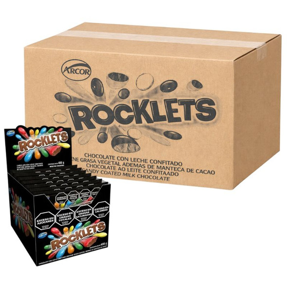 Arcor Rocklets Candy Coated Chocolate, 480 g / 16.93 oz ea  (box of 12 displays x 24 units ea)