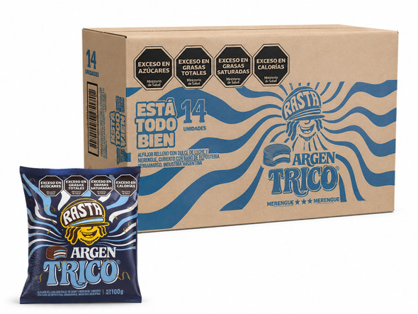 Rasta Argen Trico Alfajor Chocolate Coating with Dulce de Leche and Meringue, 100 g / 3.53 oz ea (14 count per box)