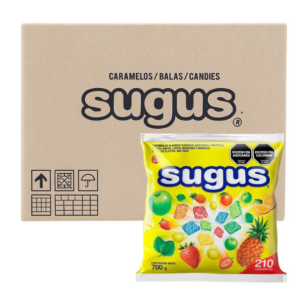 Sugus Surtidos Soft Candy Blocks Assorted Flavors Strawberry, Orange, Pineapple, Mint, Lemon & Green Apple, Gluten-Free Wholesale Bulk Box, 700 g / 24.7 oz ea (8 count per box)