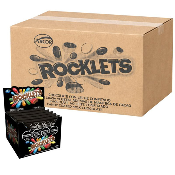 Arcor Rocklets Candy Coated Chocolate, 720 g / 25.39 oz ea  (box of 12 displays x 18 units ea)