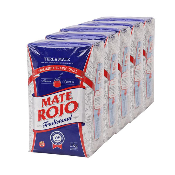 Mate Rojo Traditional Yerba Mate from Misiones Argentina, 1 kg / 2.2 lb ea (5 count)