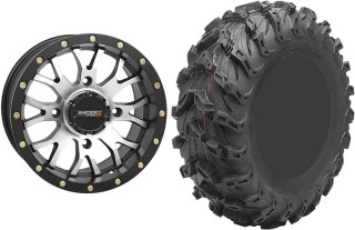 Tucker Rocky Combo - Wheel 14x7, 52, 4/110, Machined/Black or Tire 27x9-14, Radial, Right, 8 Ply, Directional