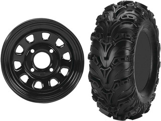 Tucker Rocky Combo - Wheel 12x7, 52, 4/137 12mm, Black or Tire 27x9-12, Bias, Left, 6 Ply, Directional