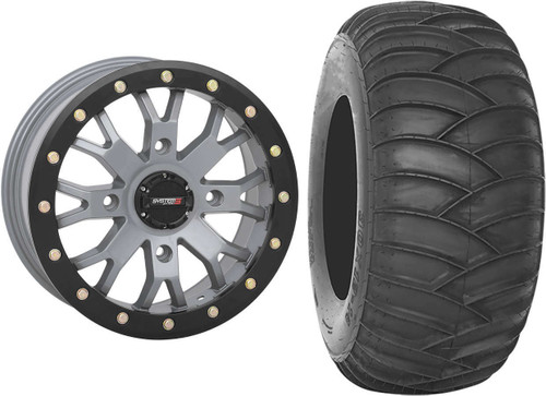 Tucker Rocky Combo - Wheel 15x7, 61, 4/137, Satin Cement Grey or Tire 32x10-15, Bias, Left, 2 Ply, Directional