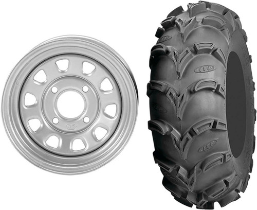 Tucker Rocky Combo - Wheel 12x7, 52, 4/137 12mm, Silver or Tire 26x9-12, Bias, Right, 6 Ply, Directional