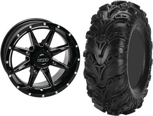 Tucker Rocky Combo - Wheel 14x7, 52, 4/110, Gloss Black/Machined or Tire 27x9-14, Bias, Left, 6 Ply, Directional