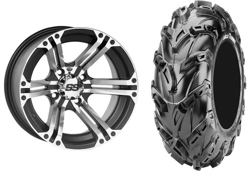 Tucker Rocky Combo - Wheel 12x7, 52, 4/110, Machined/Black or Tire 28x10-12, Radial, Left, 6 Ply, Directional