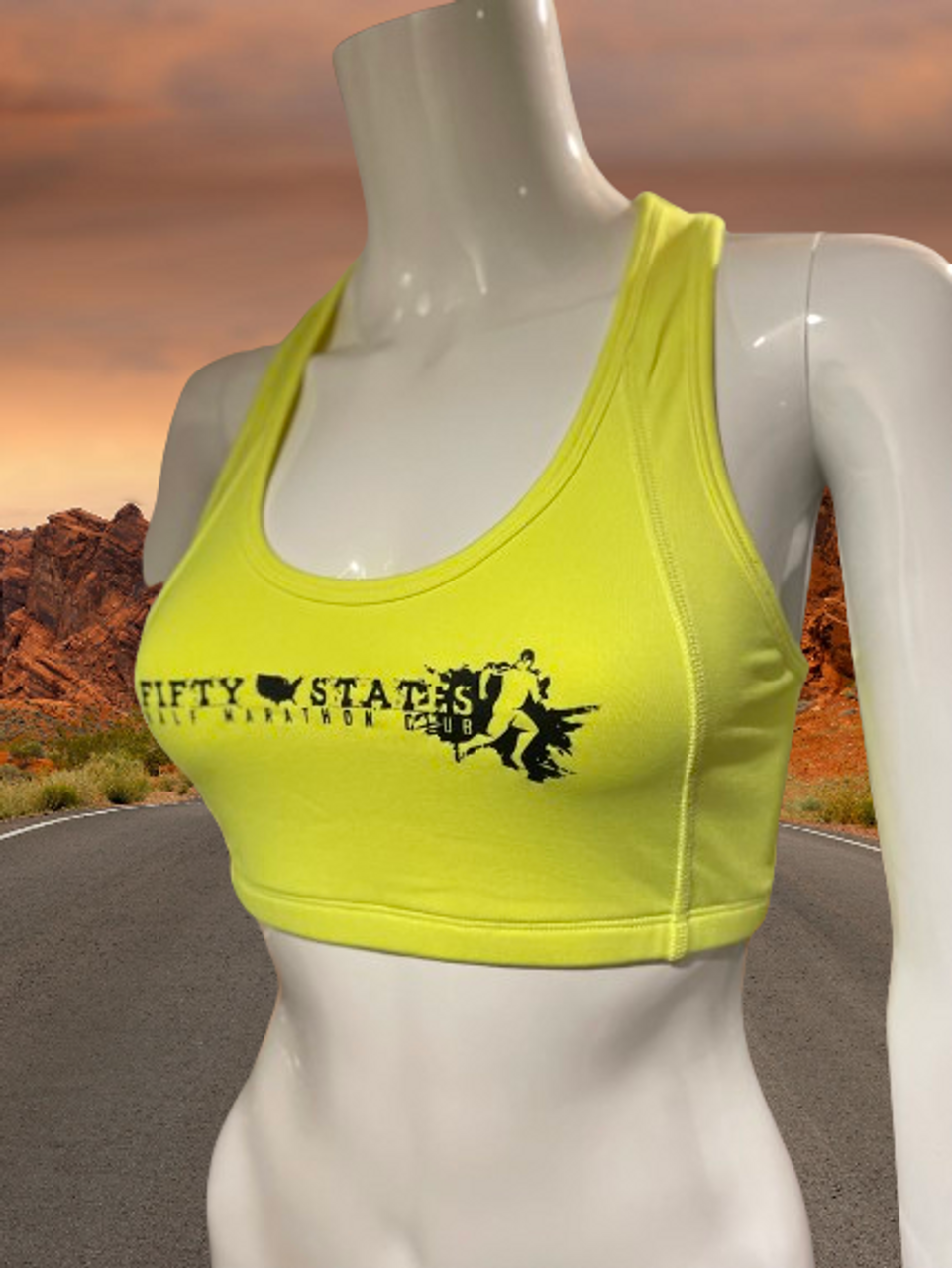 Running Nylon/Spandex Sports Bra with Club Logo - Safety Yellow - 50 States  Half Marathon Club Store