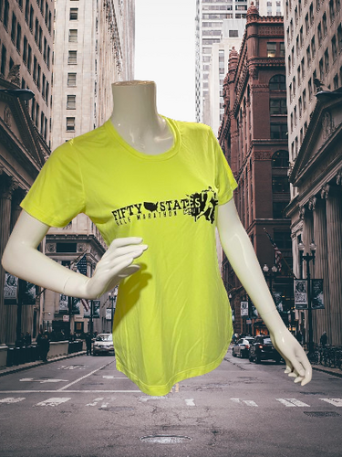 Ladies Scoop Neck with MAP BACK - Sport Tek lightweight Poly Technical Shirt NEON YELLOW Short Sleeve