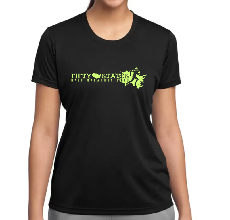 Ladies Scoop Neck with MAP BACK - Sport Tek Lightweight Poly Technical Shirt BLACK w/ Safety Green Logo Short Sleeve