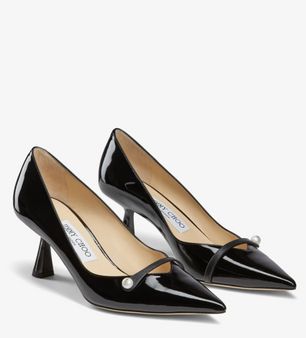 Black Patent Pointed Pumps with Pearl Detail
