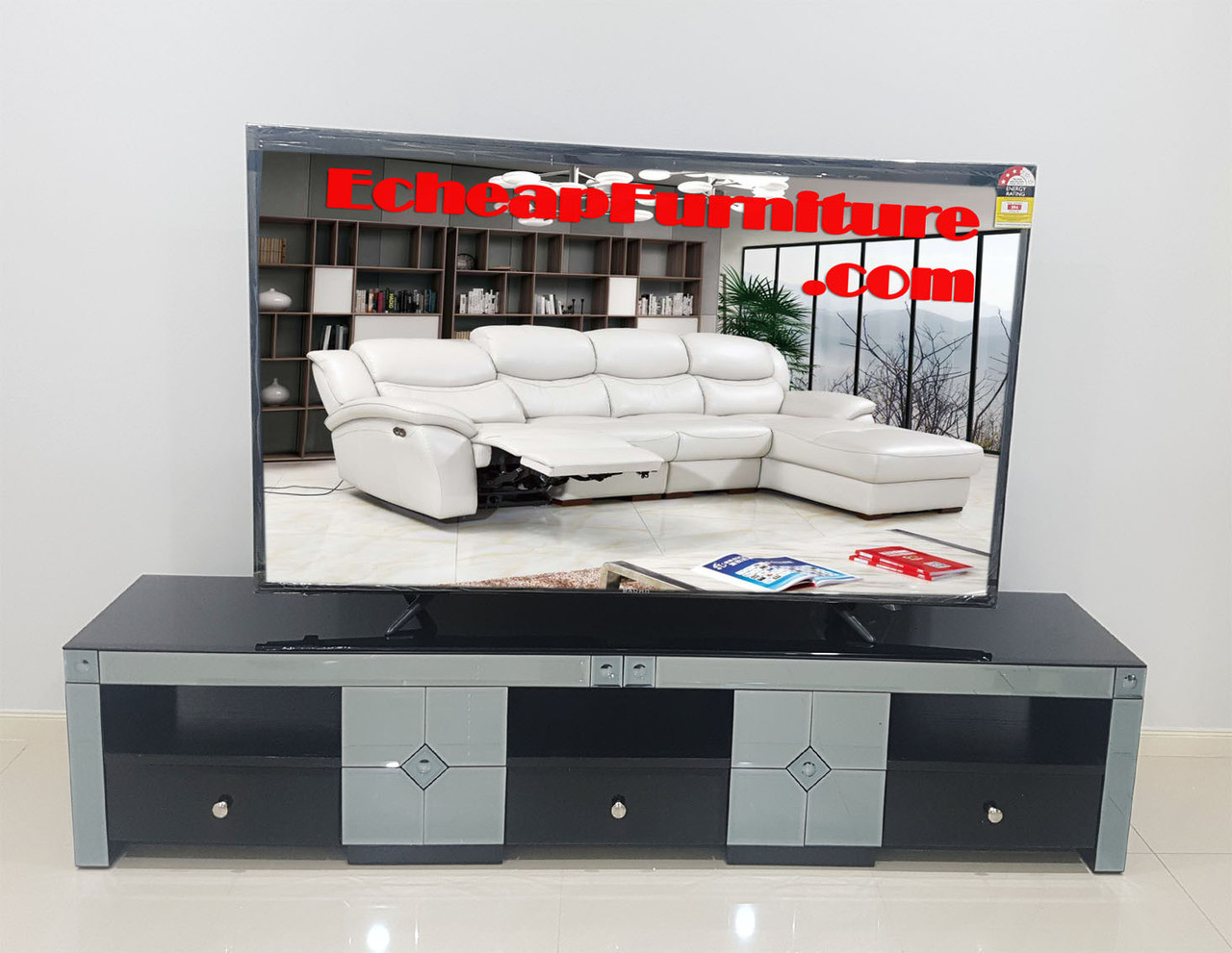 2 Meter Lowline Black Tv Cabinet Timber Veneer Modern Glass