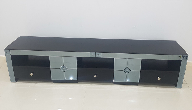 2 Meter lowline black TV cabinet TIMBER VENEER MODERN GLASS