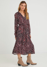 Long Sleeve Ruffle Midi Dress - Wine Dot Print