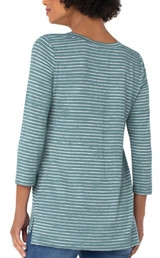  3/4  Sleeve V-Neck Knit Top -Shale Green Stripe