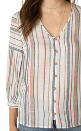 Button Front Peasant Blouse - Multi Color Stripe