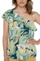 One Shoulder Ruffle Printed Woven Top - Teal Tropical 