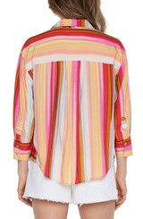 Button Front Shirt With 3/4 Sleeve - Berry Blossom Multi Stripe