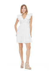 Ruched V-Neck Ruffle Dress - White