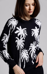 Cotton Cashmere Palm Tree Reversible Long Sleeve Crew - Navy/White
