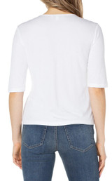 Double Layer V Neck 1/2 Sleeve Rib Knit Top - Cream