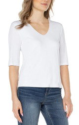 Double Layer V Neck 1/2 Sleeve Rib Knit Top - Cream