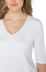 Double Layer V Neck 1/2 Sleeve Rib Knit Top - Cream