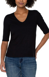 Copy of Double Layer V Neck 1/2 Sleeve Rib Knit Top - Black