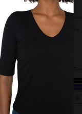 Copy of Double Layer V Neck 1/2 Sleeve Rib Knit Top - Black