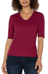 Double Layer V Neck 1/2 Sleeve Rib Knit Top - Cherry