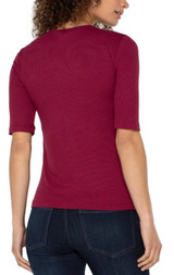 Double Layer V Neck 1/2 Sleeve Rib Knit Top - Cherry