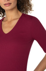 Double Layer V Neck 1/2 Sleeve Rib Knit Top - Cherry