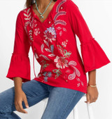 Freyde Ruffle Sleeve T-Shirt - Red