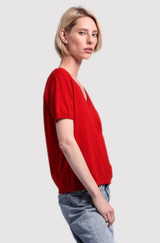 Cotton Cashmere Frayed V Tee- Lava Red