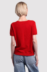 Cotton Cashmere Frayed V Tee- Lava Red
