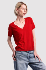 Cotton Cashmere Frayed V Tee- Lava Red