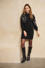 Black Sweater Dress With Cream Floral Detail Black Sweater Dress With Cream Floral Detail