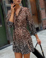 Puff Sleeve Belted Shirt Dress- Ombre Leopard Print
